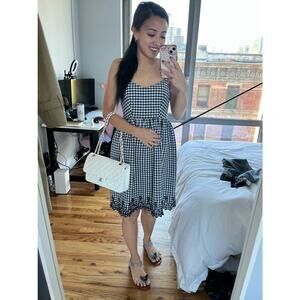 DRAPER JAMES Navy White Gingham Checkers Eyelet Scalloped Hemline Dress sz 2